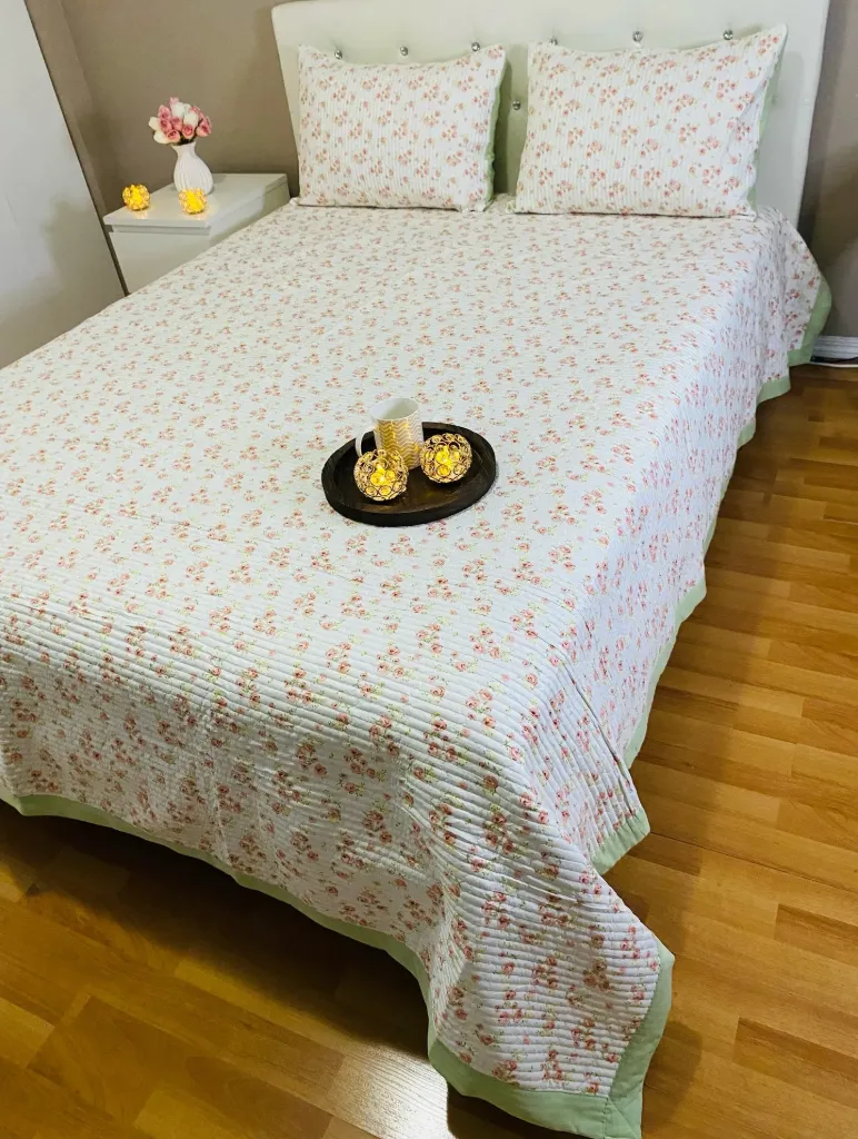 Cotton Bedcover In Peach & Green Shade