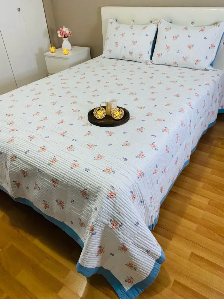 Cotton Bedcover In Peach & Blue Shade