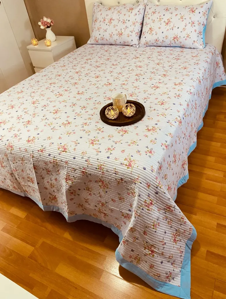 King Size Pink & Blue Floral Bed Sheets – Cotton Bedding