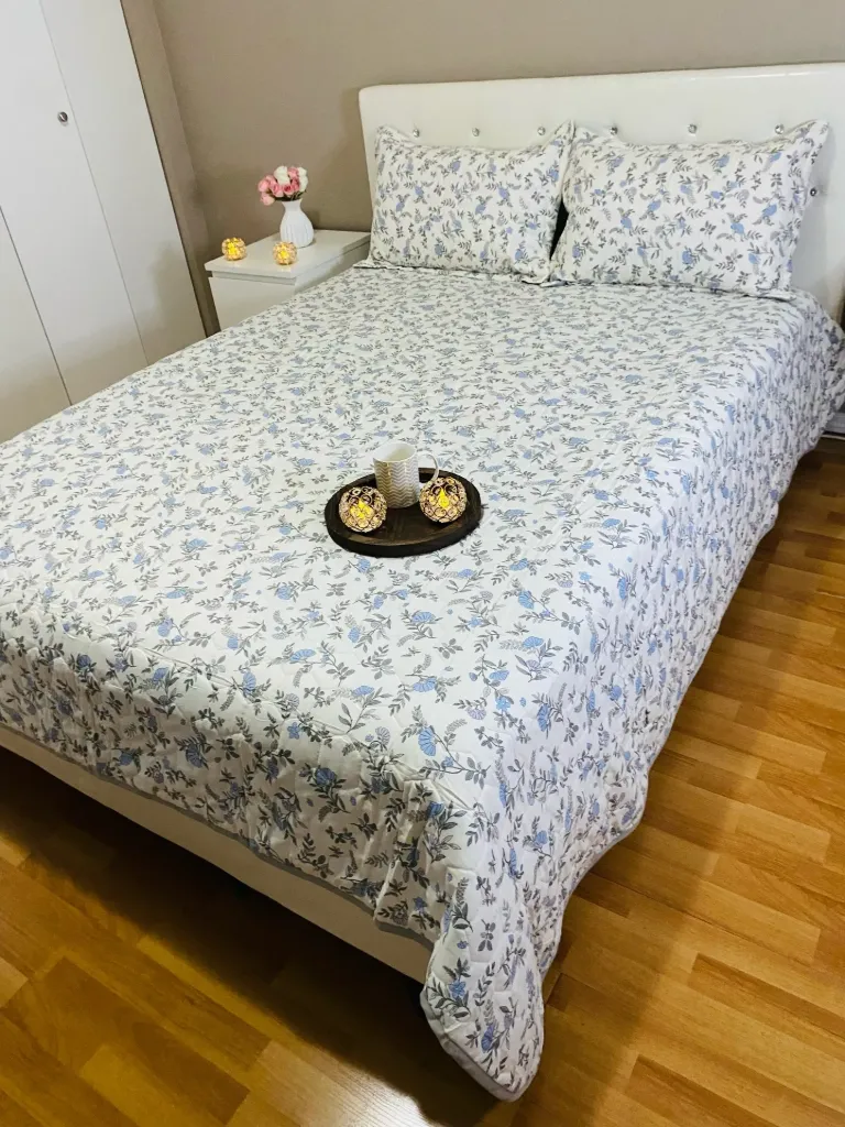 Quilted English Floral Bedcover With Blue Leaves