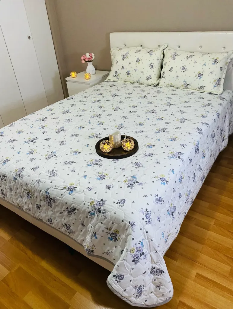 Quilted English Floral Bedcover With Grey Roses