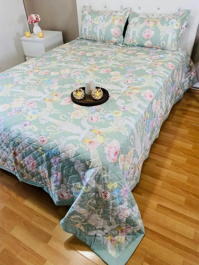 Reversible Green Quilted Bed Sheets - Floral Bedding Set