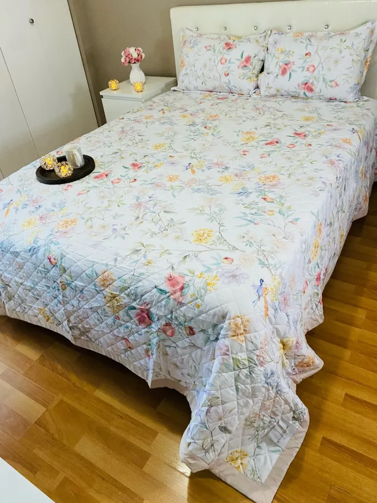 Reversible Quilted Bedcover In Bird & Pomegranate style